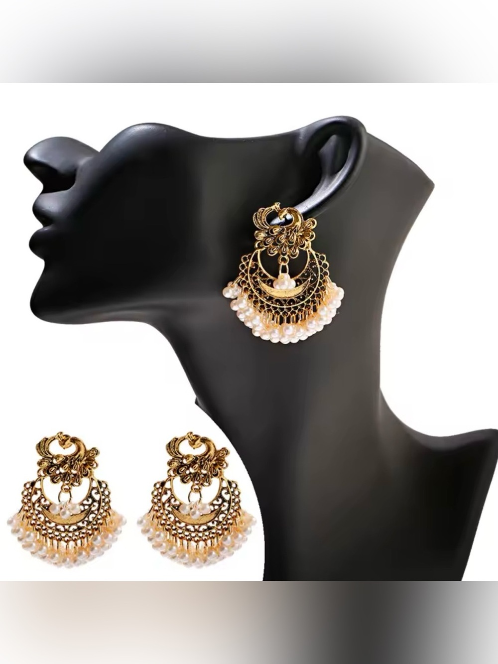 Gold / silver tone peacock Pearl Chandbali tassel Earrings - Women Jewelry